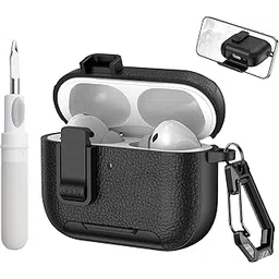 Yellowinc Rugged Case Cover for Apple Airpods Pro 3 (2025), TPU + PC with Leather Texture, Clip Lock Design, Includes Cleaning Pen, Phone Stand, Carabiner, Black (Black, Leather with Stand)-image-18