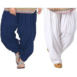 yelook Women's Plain Cotton Traditional Punjabi Patiyala Pant Set of 2 Free Size (Navy Blue and White)-picture-11