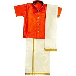 yettalan Boys South Traditional Special Art Silk Dhoti & Stunning Color Shirt with Angavastram Set | Ethnic Festival Wear for Boys, Perfect for Diwali, Pongal, Ceremonies & Special Occasions-picture-34