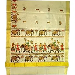 yettalan Women's Mural Printed Kerala Gold Tissue Saree with Running Blouse-picture-49