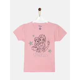 YK Disney Girls Pink Elsa & Anna Glitter Printed Puff Sleeve Cotton T-shirt-picture-18