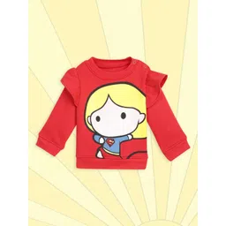 YK Justice League Infant Girls Red & White Graphic Print Ruffled Sweatshirt-picture-29