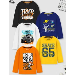 YK X Trampoline Boys Pack Of 5 Typography Printed Applique T-shirts-picture-58