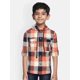 YK Boys Orange & Navy Blue Regular Fit Pure Cotton Checked Hooded Casual Shirt-picture-30