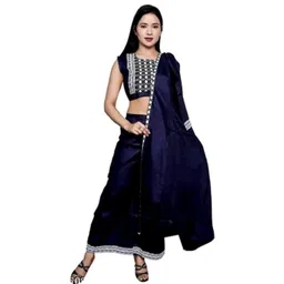 YK Girls 3 Piece Navy Blue Round Neck Embroidered Crop Top With Shrug And Palazzo Set-picture-10