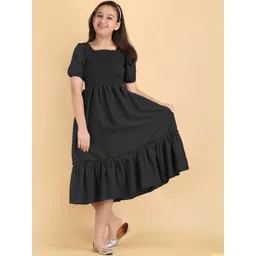 YK Girls Black Square Neck Puff Sleeves Smocked Polyester Fit & Flare Dress-picture-16
