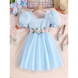 YK Girls Embroidered Square Neck Tulle Puff Sleeves Fit & Flare Dress-picture-20