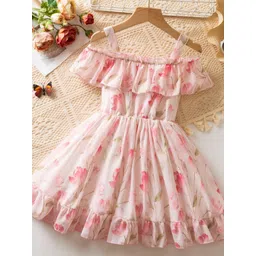 YK Girls Floral Print Square Neck Flutter Sleeves Fit & Flare Knee Length Dress-picture-22