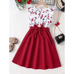 YK Girls Floral Printed Flutter Sleeves Belted Detail Fit & Flare Dress-picture-18