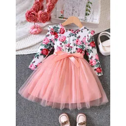 YK Girls Floral Printed Round Neck Long Sleeves Belted Fit & Flare Dress-picture-16
