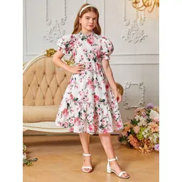 YK Girls Floral Printed Round Neck Puff Sleeev Fit & Flare Dress-picture-51