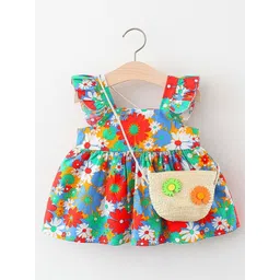 YK Girls Floral Printed Square Neck Flutter Sleeves Cotton Fit & Flare Dress-picture-28