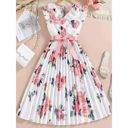 YK Girls Peach & White Floral Print Flutter Sleeve Fit & Flare Dress-picture-22