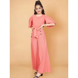YK Girls Peach Crepe Solid Casual Ankle Length Jumpsuit-picture-21