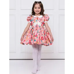 YK Girls Peter Pan Collar Bow Graphic Print Puff Sleeve Fit & Flare Dress-picture-33