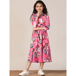 YK Girls Pink Shirt Collar Fit and Flare Shirt Collar Cotton Dresses-picture-58