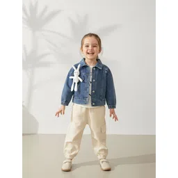 YK Girls Printed T-shirt & Joggers with Denim Jacket-picture-51