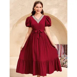 YK Girls Puff Sleeve Lace Inserts Detail Fit and Flare Dress-picture-38