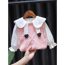 YK Girls Self Design Peter Pan Collar Puff Sleeves Top With Sweater-picture-56