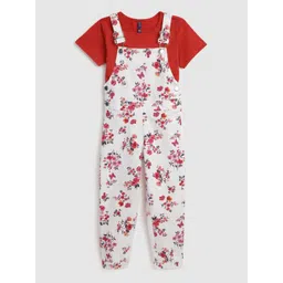 YK Girls White & Red Cotton Floral Print Dungarees with T-shirt-picture-28