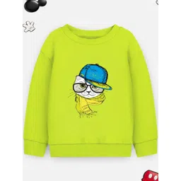 yk Kids Cool Cat Print Sweatshirt, Lime Green Cotton Pullover with Glasses Design, Casual Winter Wear-picture-50
