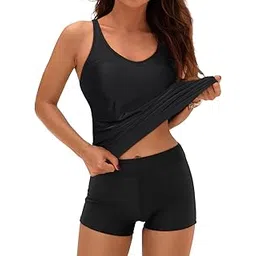 yonique 2 Piece Tankini Swimsuits for Women with Boy Shorts Athletic Swim Tank Top Bathing Suits Solid Black 20 Plus-picture-37