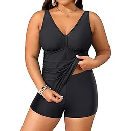 yonique Women Plus Size Tankini Swimsuit V-Neck Two Piece Bathing Suit with Shorts High Waist Swimwear Black 20Plus-picture-51