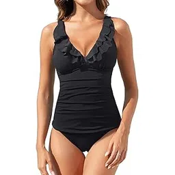 yonique Womens 2 Piece Falbala Ruffle Flounce Tankini Swimsuits Ruched Bathing Suits Deep V Neck Swimwear-picture-25