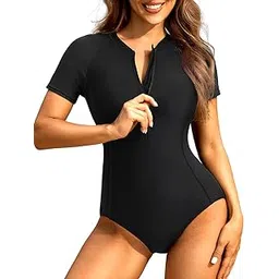 yonique Women's Rash Guard Short Sleeve Swimsuits One Piece Zipper Bathing Suit Surfing Swimwear UPF 50+-picture-15