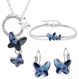 youbella Gifts Stylish Latest Fashion Silver Plated Crystal Butterfly Jwell Necklace Chain Pendant Bracelet and Earrings Combo Jewellery Set for Girls and Women (Blue) (YBNK_50619)-picture-12