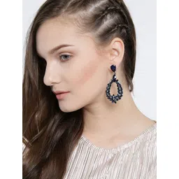 YouBella Navy Blue & Silver-Toned Stone-Studded Drop Earrings-picture-34
