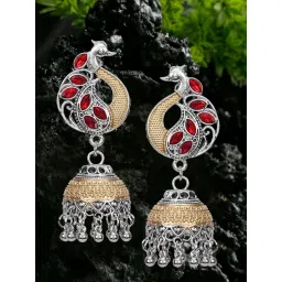 YouBella Peacock Design Celebrity Inspired Pearl Long Silver Golden & Red Jhumki Earrings for Women-picture-31