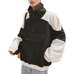 youngcash Men's High Collar Pullover Jacket Sweatshirt, Black and White Color Block Design, Casual Streetwear-picture-39