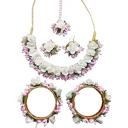 Your Handmade Store White- Baby Pink flower jewellery Set- Necklace, Earings, Mangtika, Bangles for Girls/Women (Haldi/Mehandi/Bridal/Wedding/Baby shower)(Style3)-picture-40