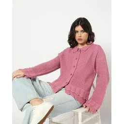 yousta Women Pointelle-Knit Regular Fit Cardigan with Ruffles-picture-10