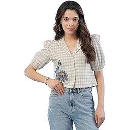 youthnic Women's Cotton Blend Floral Embroidered & Checked Shirt for Women-picture-46