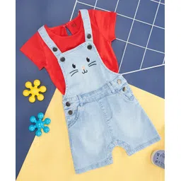 YU by Pantaloons Cat Face Design  Dungaree With Half Sleeves Tee Set - Light Blue-picture-11