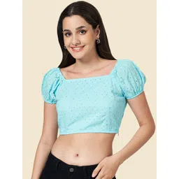 YU by Pantaloons Self Design Puff Sleeves Schiffli Cotton Crop Top-picture-22