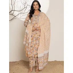 Yufta Floral Embroidered Regular Pure Cotton Straight Kurta With Trousers & Dupatta-picture-23