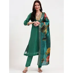 Yufta Floral Embroidered Sequinned Chanderi Cotton Kurta with Trousers & Dupatta-picture-32