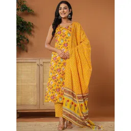 Yufta Floral Printed Pure Cotton Straight Kurta with Trousers & Dupatta-picture-10