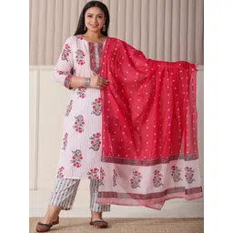 Yufta Plus Size Floral Printed Sequinned Pure Cotton Kurta With Trousers & Dupatta-picture-13