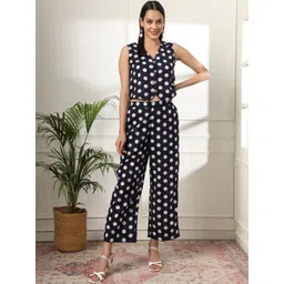 Yufta Polka Dot Printed V-Neck Sleeveless Pure Cotton Waistcoat With Palazzo-picture-42