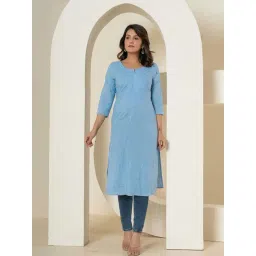 Yufta Sky Blue Cotton Embroidered Straight Kurta-picture-20