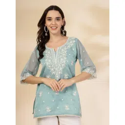 Yufta Teal Blue Organza Embroidered Kurti-picture-28