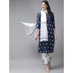Yufta Women Blue & White Ethnic Motifs Printed Mirror Work Kurta with Palazzos & Dupatta-image-20
