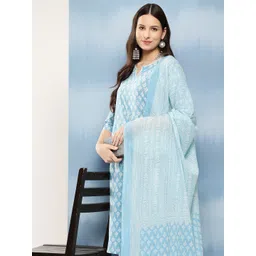 Yufta Women Blue Ethnic Motifs Printed Regular Thread Work Pure Cotton Kurta with Trousers & With Dupatta-image-39