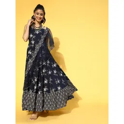 Yufta Women Deep Navy Blue Ethnic Motifs Draped Luxe Dress image 3