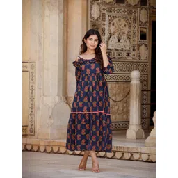 Yufta Women Deep Navy Blue Floral Swirling Volume Dress-picture-28