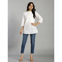 Yufta Women Ethnic Motifs Embroidered Mandarin Collar Pure Cotton Kurti-image-11